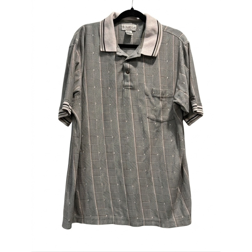 VTG Grand Slam Men XL Grey Striped Geometric Knit Polo Shirt Penguin Logo Pocket